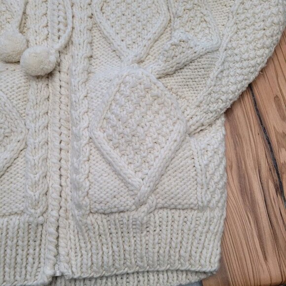 SISANDINA Wool Cardigan Sweater Chunky Cable Knit Hooded Zip Front Ivory Medium - Picture 4 of 10